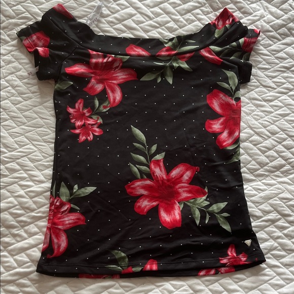 Guess Tops - Guess Black and Red Floral Off-Shoulder Blouse